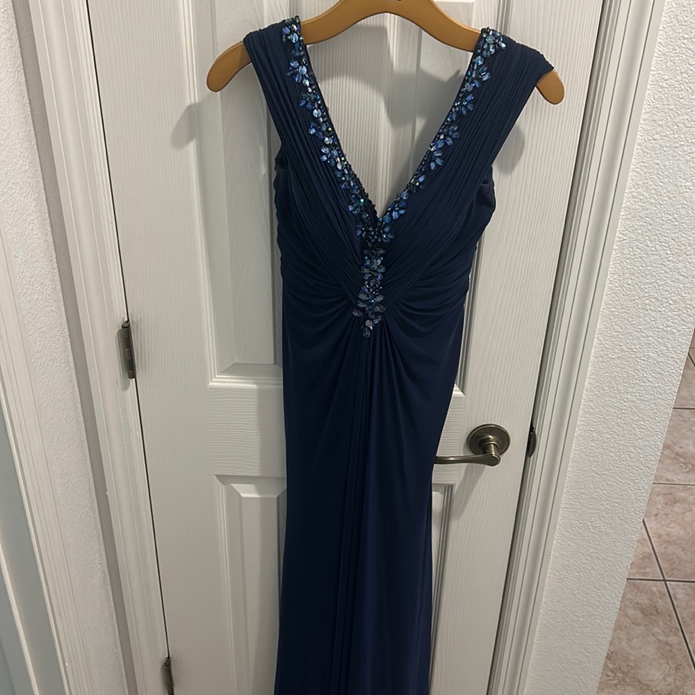 CACHE, Navy blue, long V-Neck, blue rhinestone sequins with bust padding